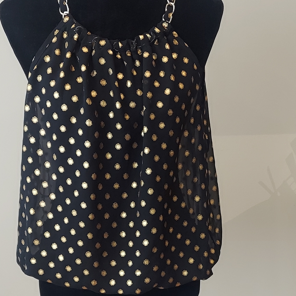 Women's Metaphor Top,Black with Gold Dots with Chain Detail Straps Size Large